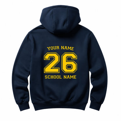 School leavers navy hoodie with custom iron-on "School & Name" design in light yellow on the back.