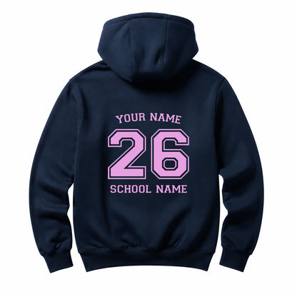 School leavers navy hoodie with custom iron-on "School & Name" design in lilac on the back.