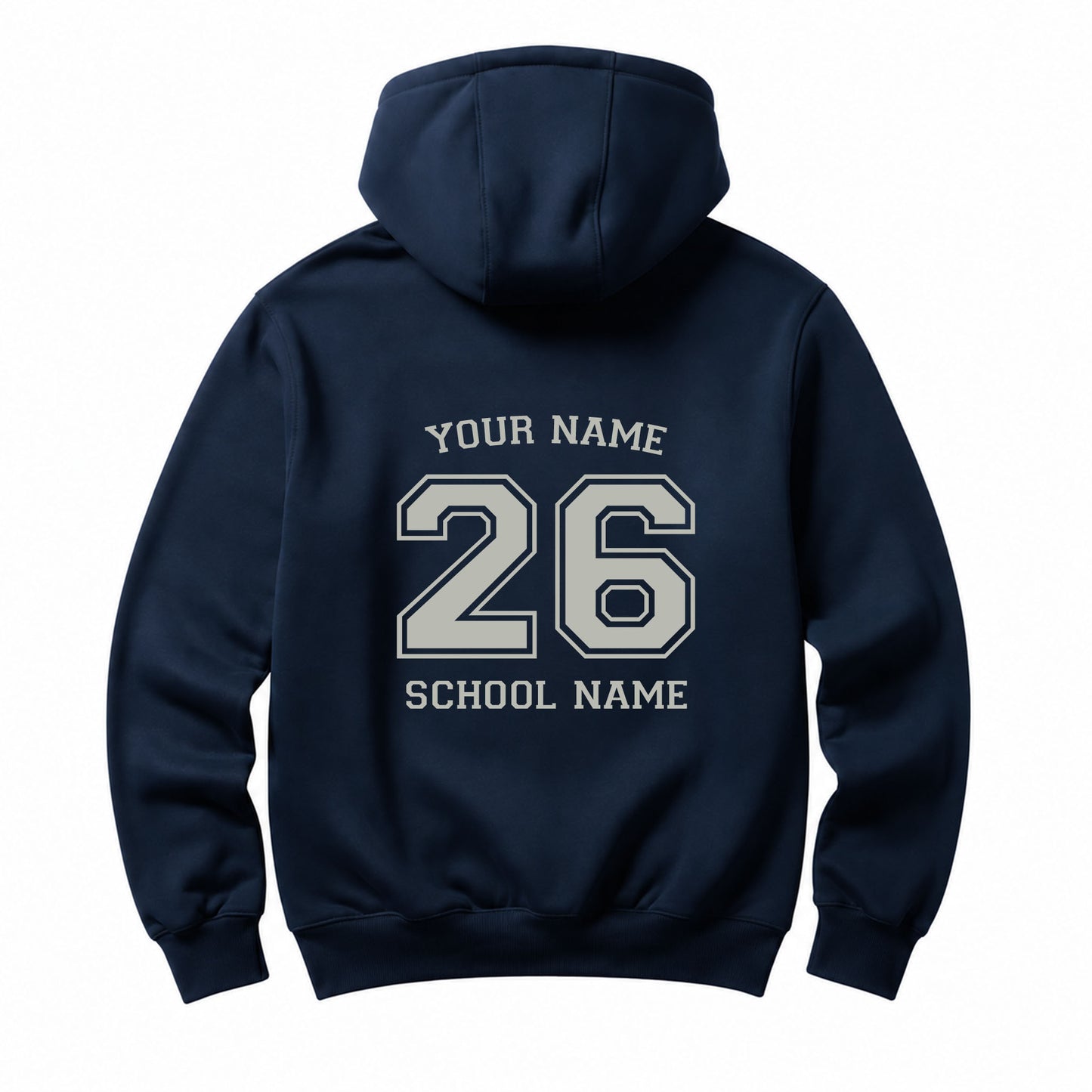 School leavers navy hoodie with custom iron-on "School & Name" design in middle grey on the back.