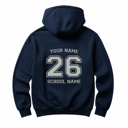 School leavers navy hoodie with custom iron-on "School & Name" design in middle grey on the back.