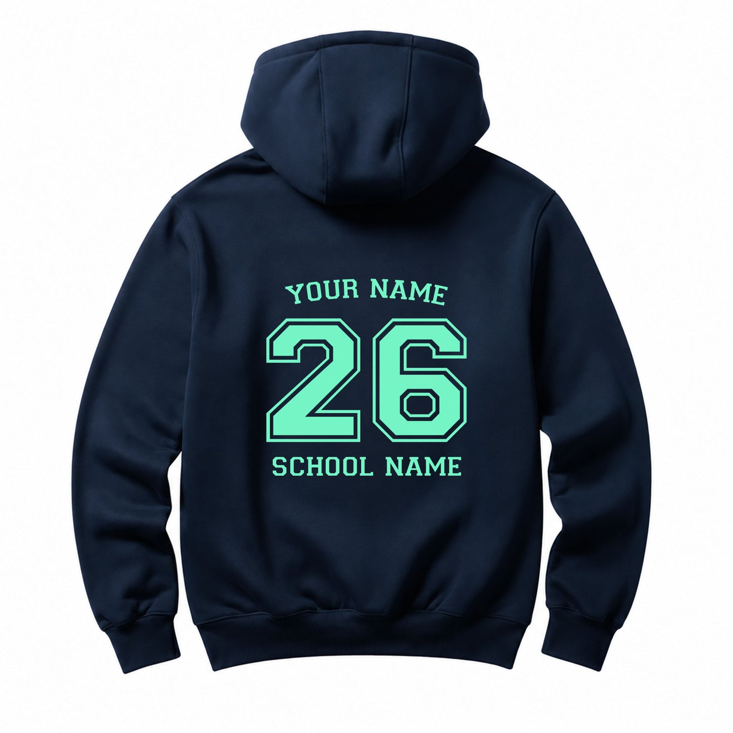 School leavers navy hoodie with custom iron-on "School & Name" design in mint on the back.