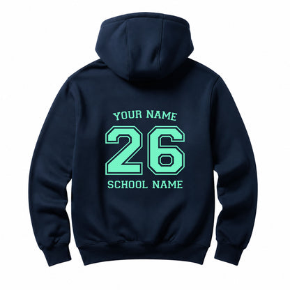 School leavers navy hoodie with custom iron-on "School & Name" design in mint on the back.