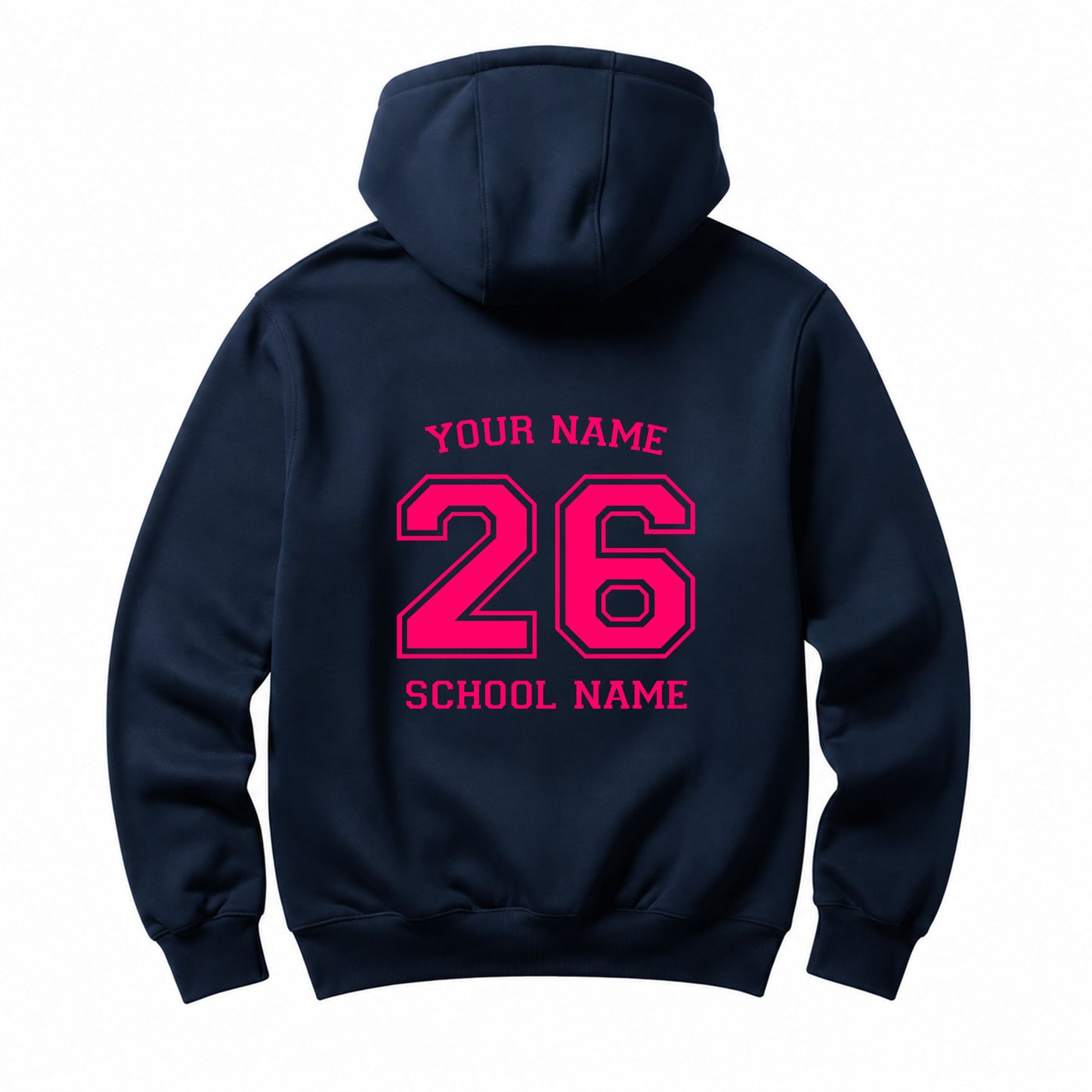 School leavers navy hoodie with custom iron-on "School & Name" design in pink on the back.