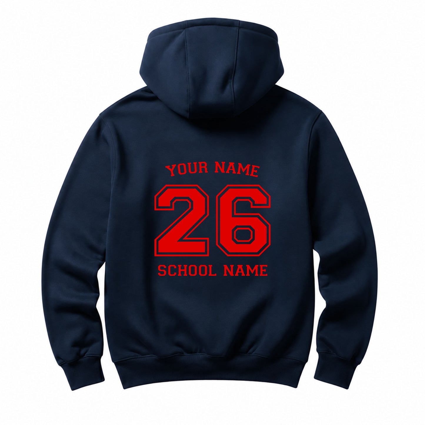 School leavers navy hoodie with custom iron-on "School & Name" design in red on the back.