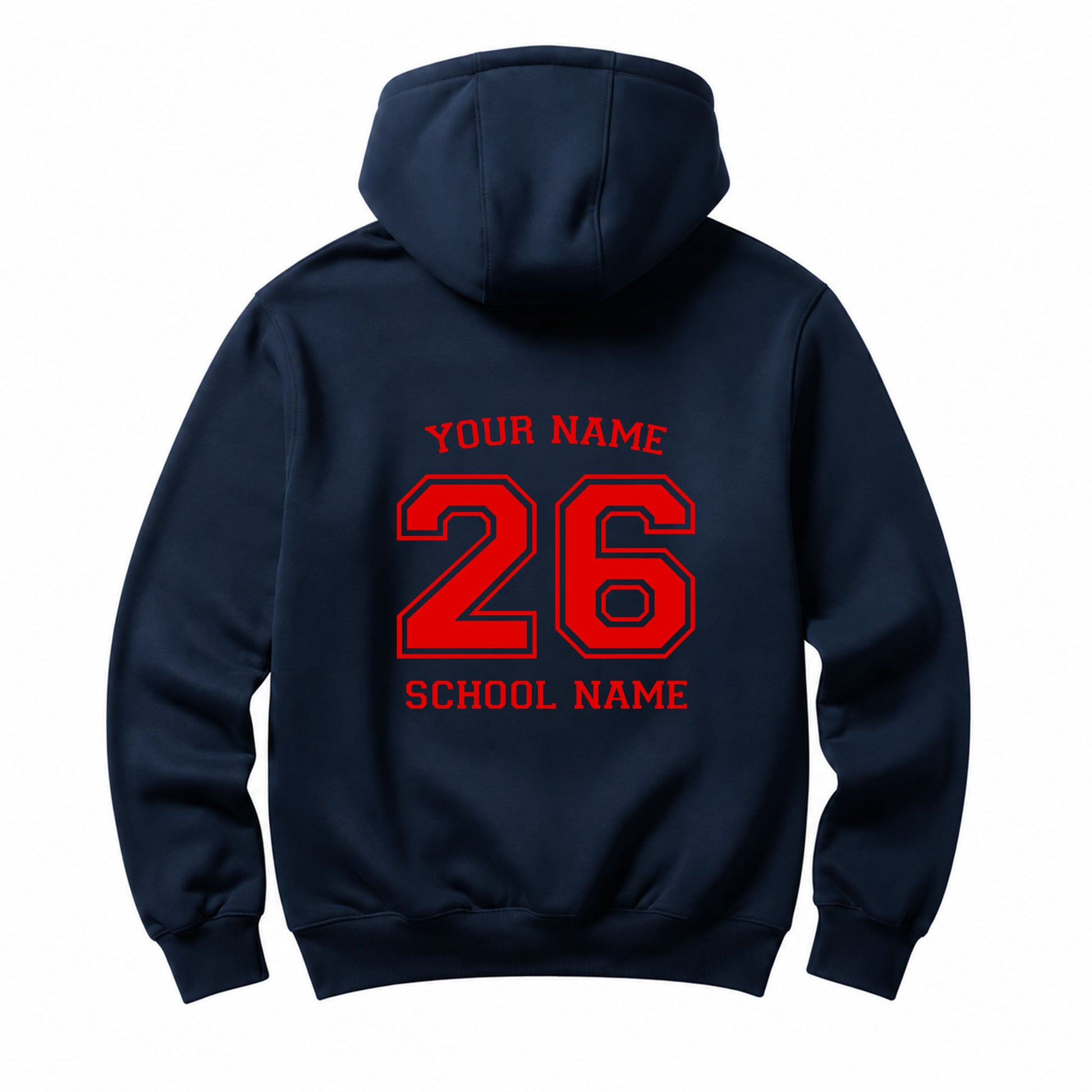School leavers navy hoodie with custom iron-on "School & Name" design in red on the back.