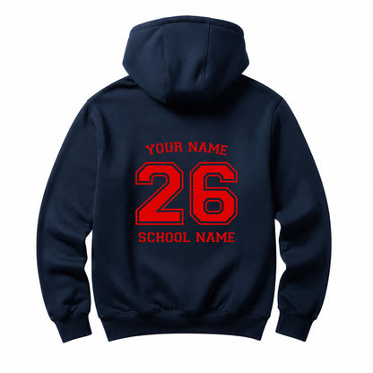 School leavers navy hoodie with custom iron-on "School & Name" design in red on the back.