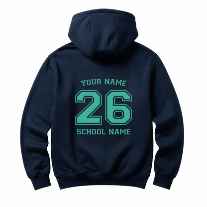School leavers navy hoodie with custom iron-on "School & Name" design in turquoise on the back.