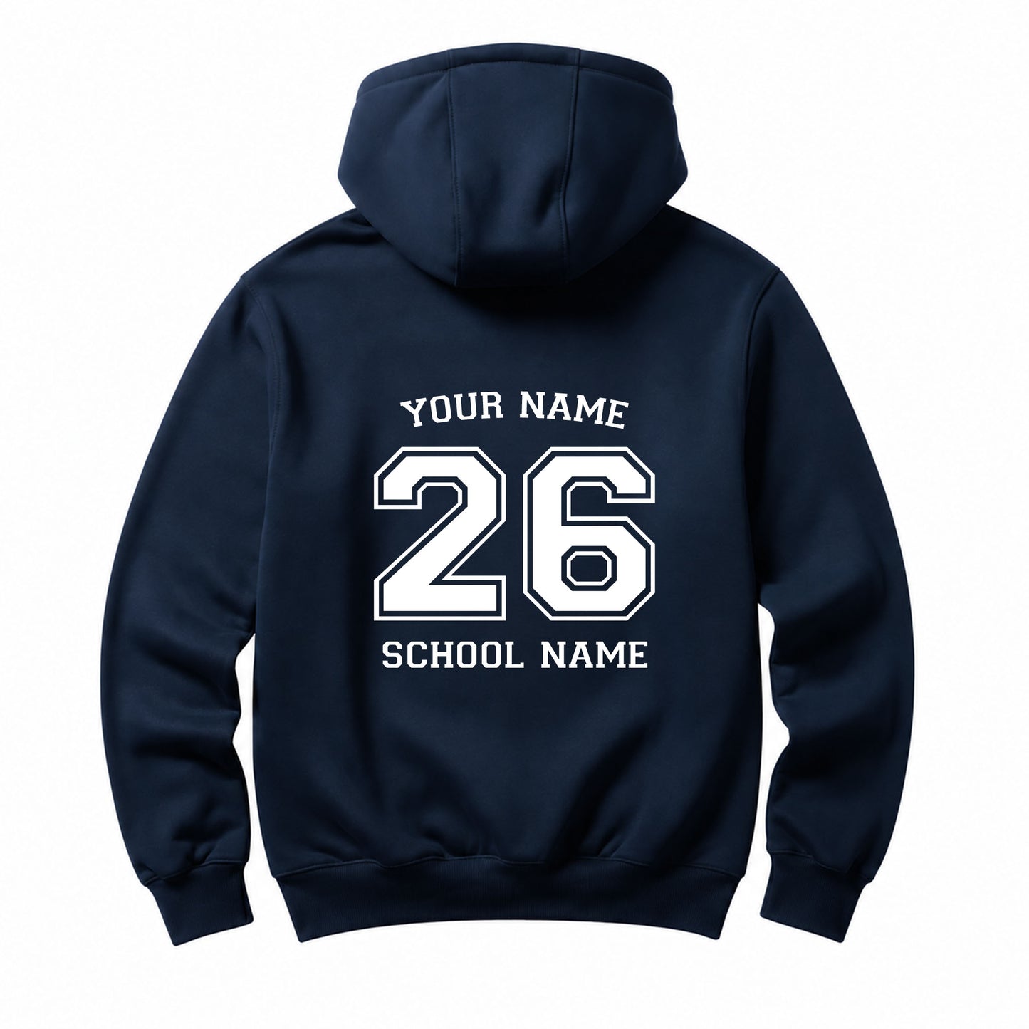 School leavers navy hoodie with custom iron-on "School & Name" design in white on the back.