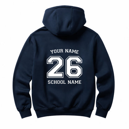 School leavers navy hoodie with custom iron-on "School & Name" design in white on the back.