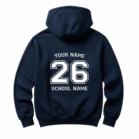 School leavers navy hoodie with custom iron-on "School & Name" design in white on the back.