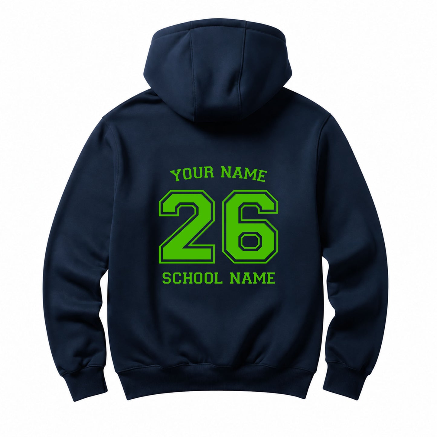 School leavers navy hoodie with custom iron-on "School & Name" design in yellow green on the back.