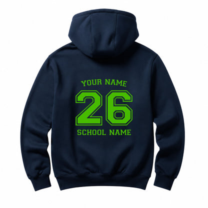 School leavers navy hoodie with custom iron-on "School & Name" design in yellow green on the back.