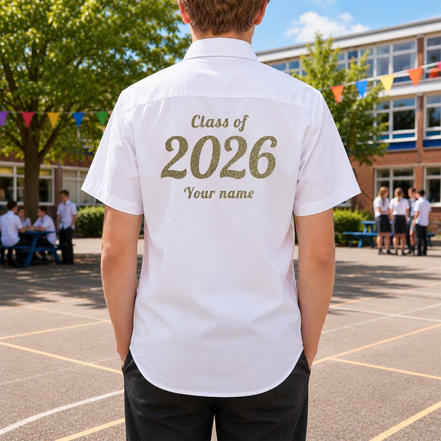 School leavers shirt with custom iron-on "Class of 2026" design in champagne glitter on the back.