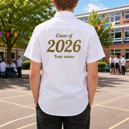 School leavers shirt with custom iron-on "Class of 2026" design in gold glitter on the back.