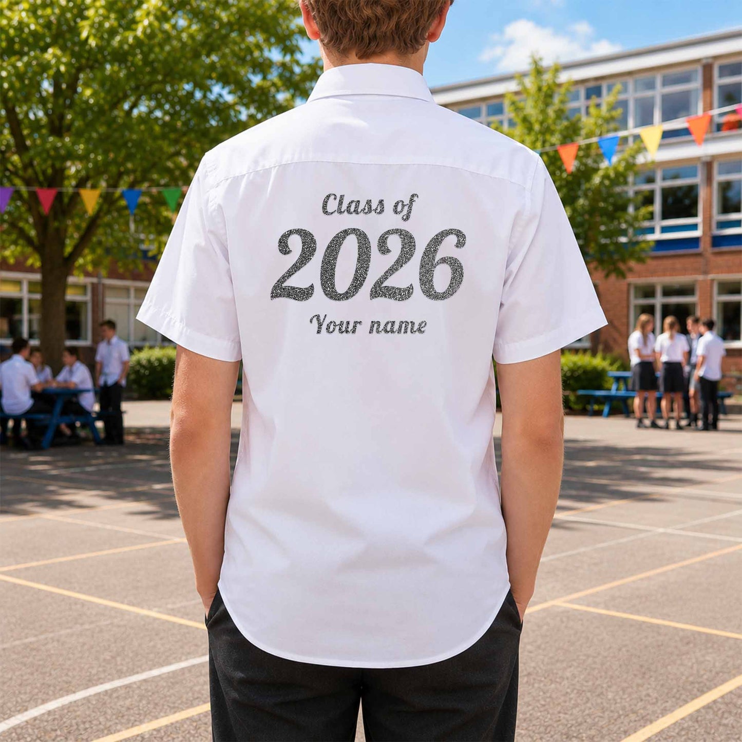 School leavers shirt with custom iron-on "Class of 2026" design in silver glitter on the back.
