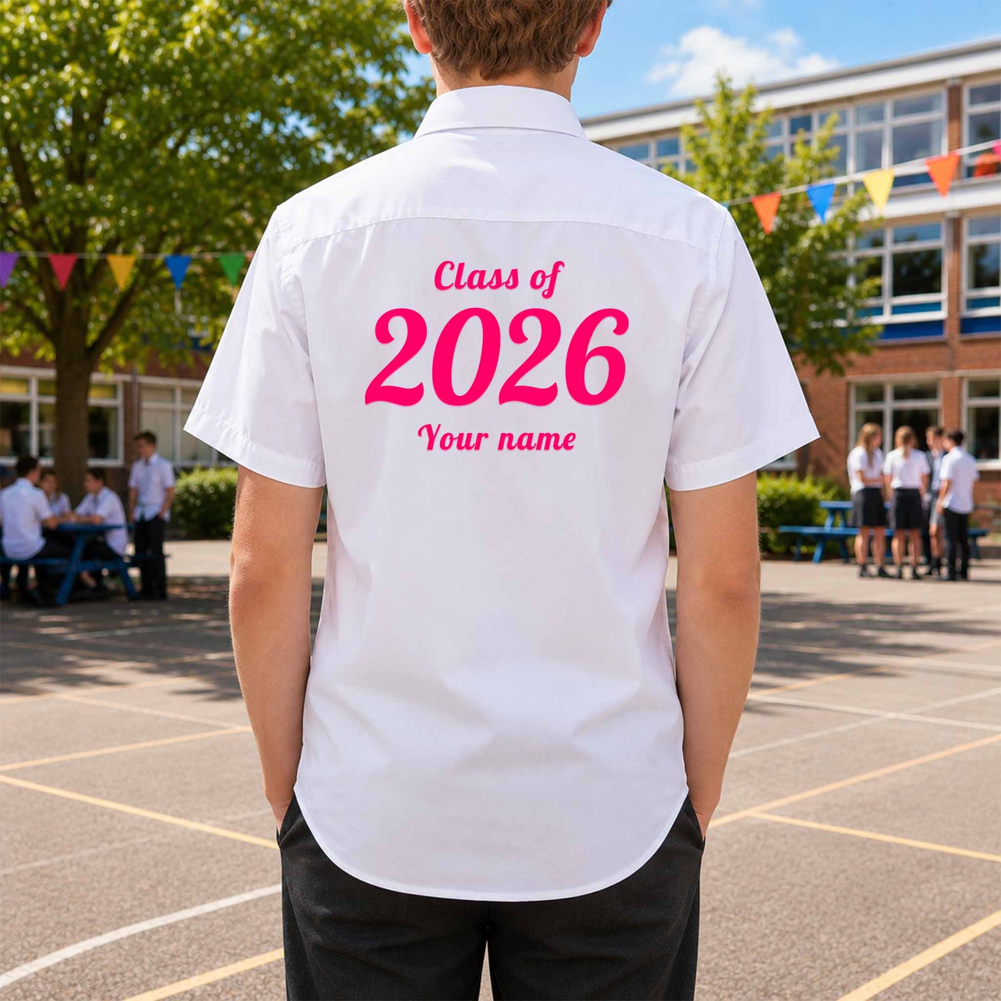 School leavers shirt with custom iron-on "Class of 2026" design in pink on the back.