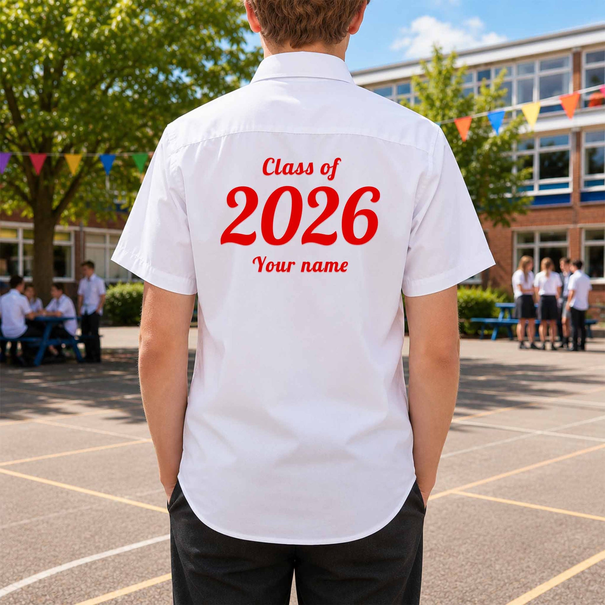 School leavers shirt with custom iron-on "Class of 2026" design in red on the back.
