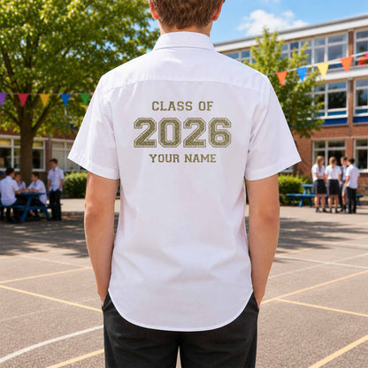 School leavers shirt with custom iron-on "Class of 2026" design in champagne glitter on the back.