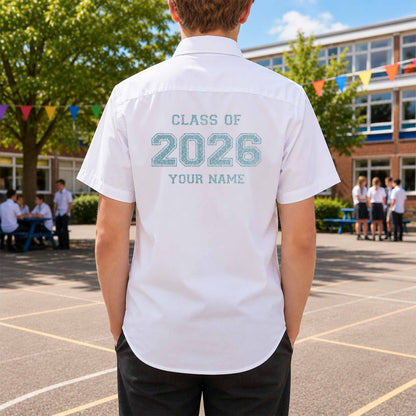 School leavers shirt with custom iron-on "Class of 2026" design in neon blue glitter on the back.