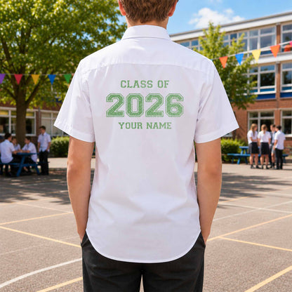 School leavers shirt with custom iron-on "Class of 2026" design in neon green glitter on the back.