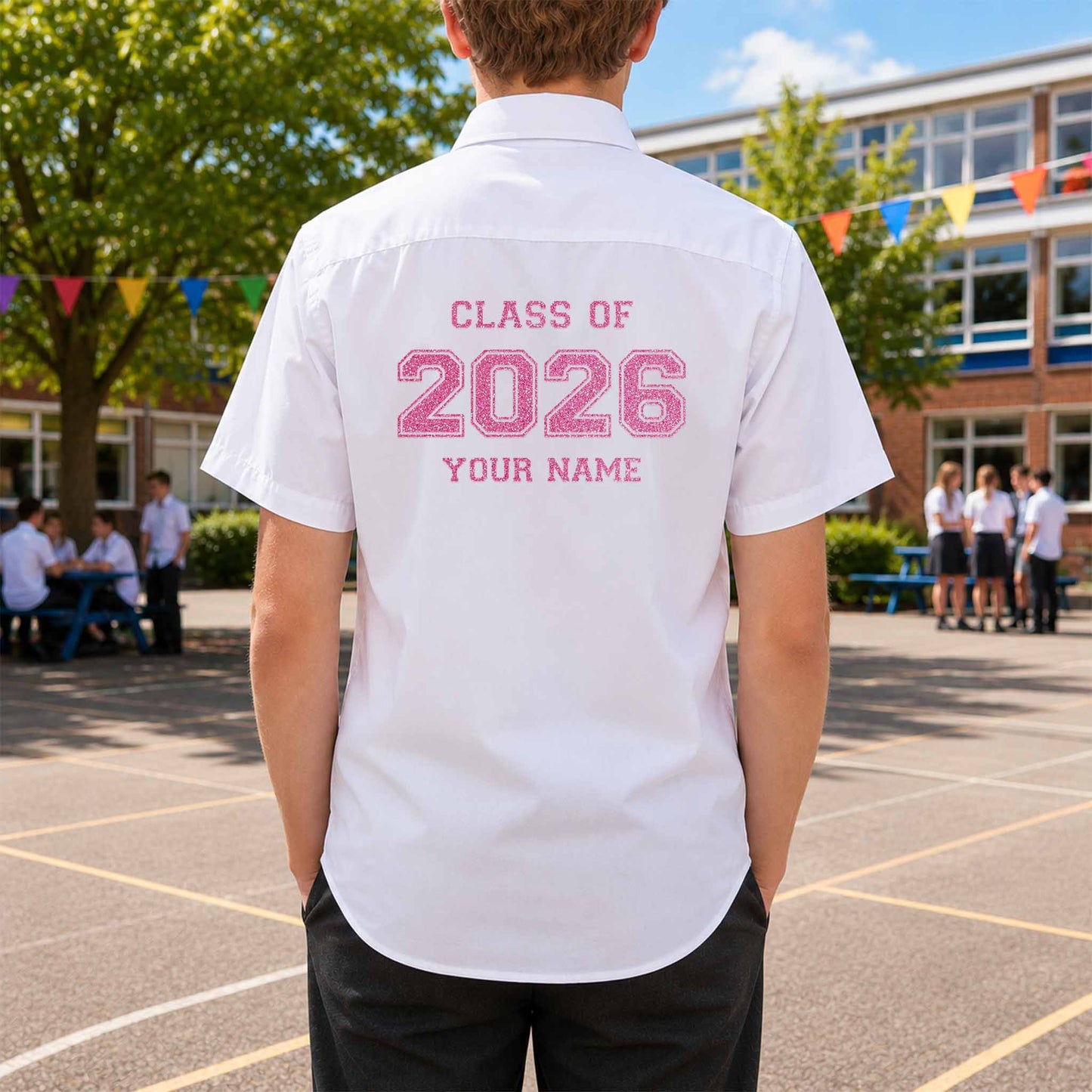 School leavers shirt with custom iron-on "Class of 2026" design in neon pink glitter on the back.