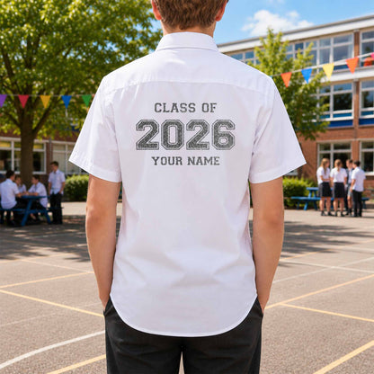 School leavers shirt with custom iron-on "Class of 2026" design in silver glitter on the back.