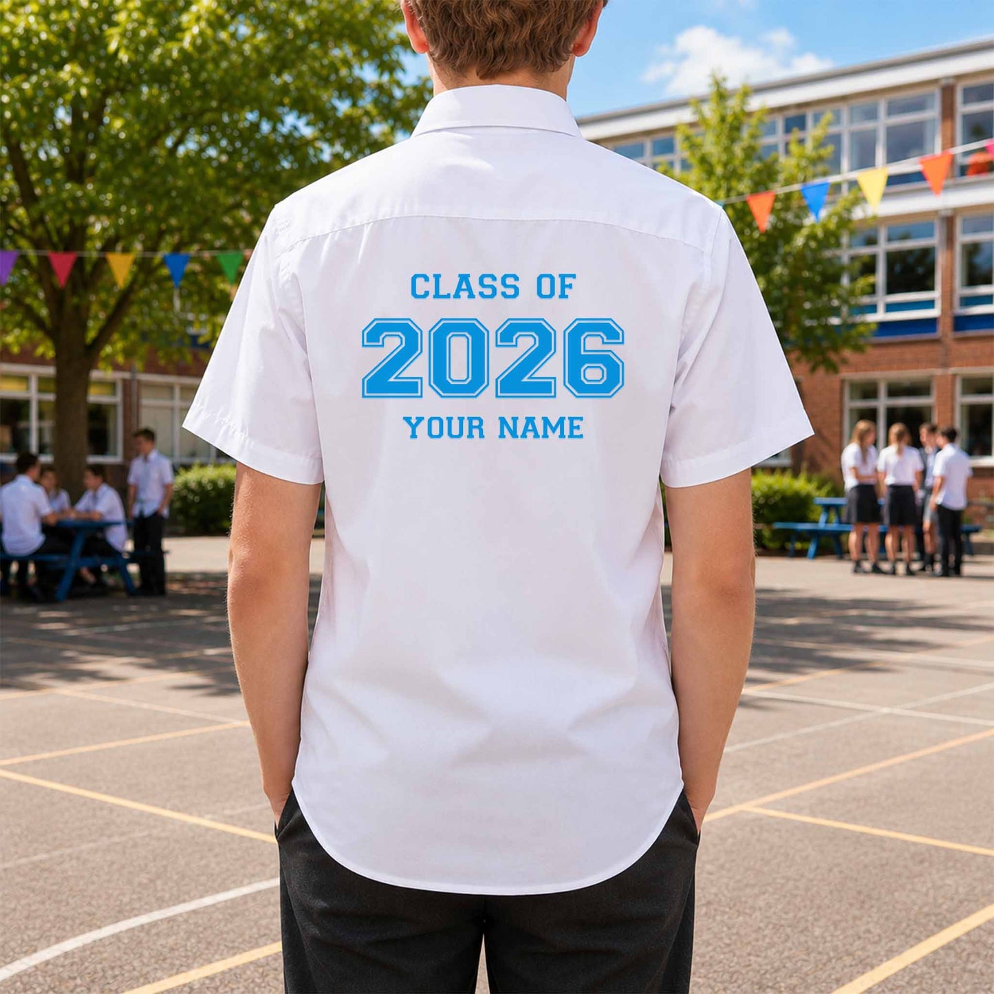 School leavers shirt with custom iron-on "Class of 2026" design in light blue on the back.