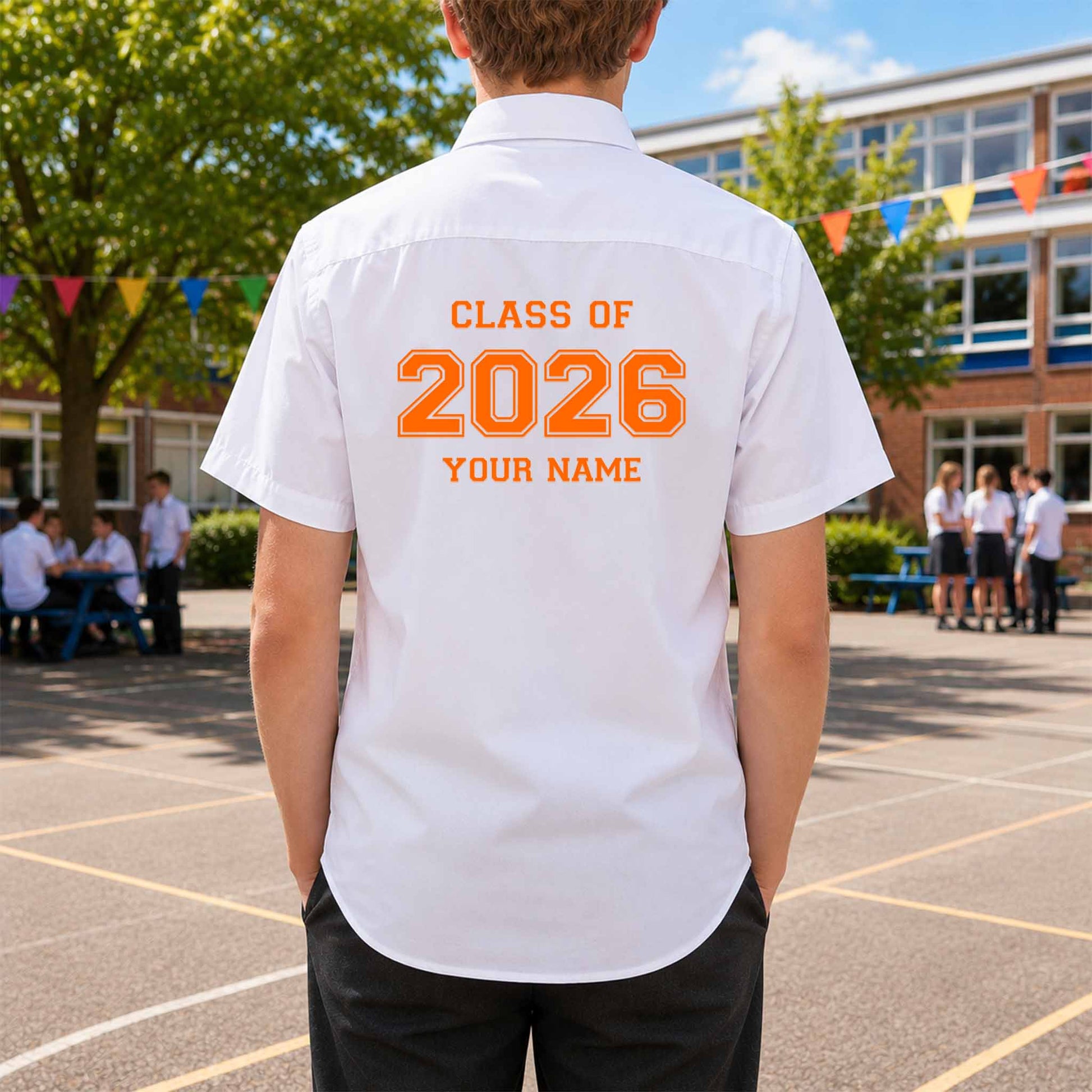 School leavers shirt with custom iron-on "Class of 2026" design in light orange on the back.