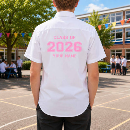 School leavers shirt with custom iron-on "Class of 2026" design in light pink on the back.