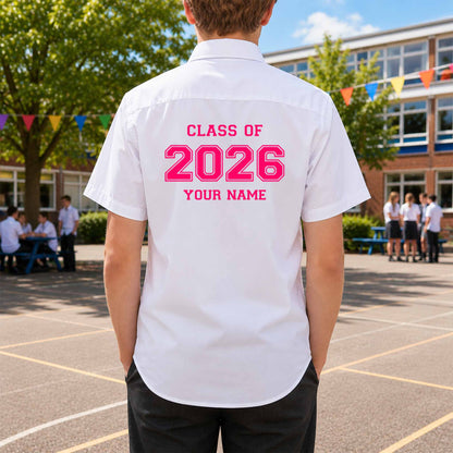 School leavers shirt with custom iron-on "Class of 2026" design in pink on the back.