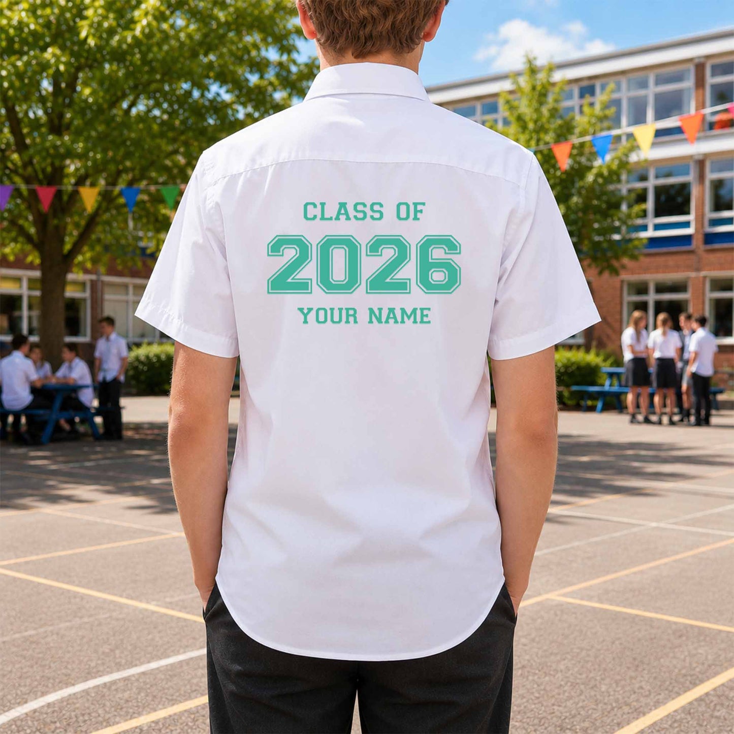 School leavers shirt with custom iron-on "Class of 2026" design in turquoise on the back.