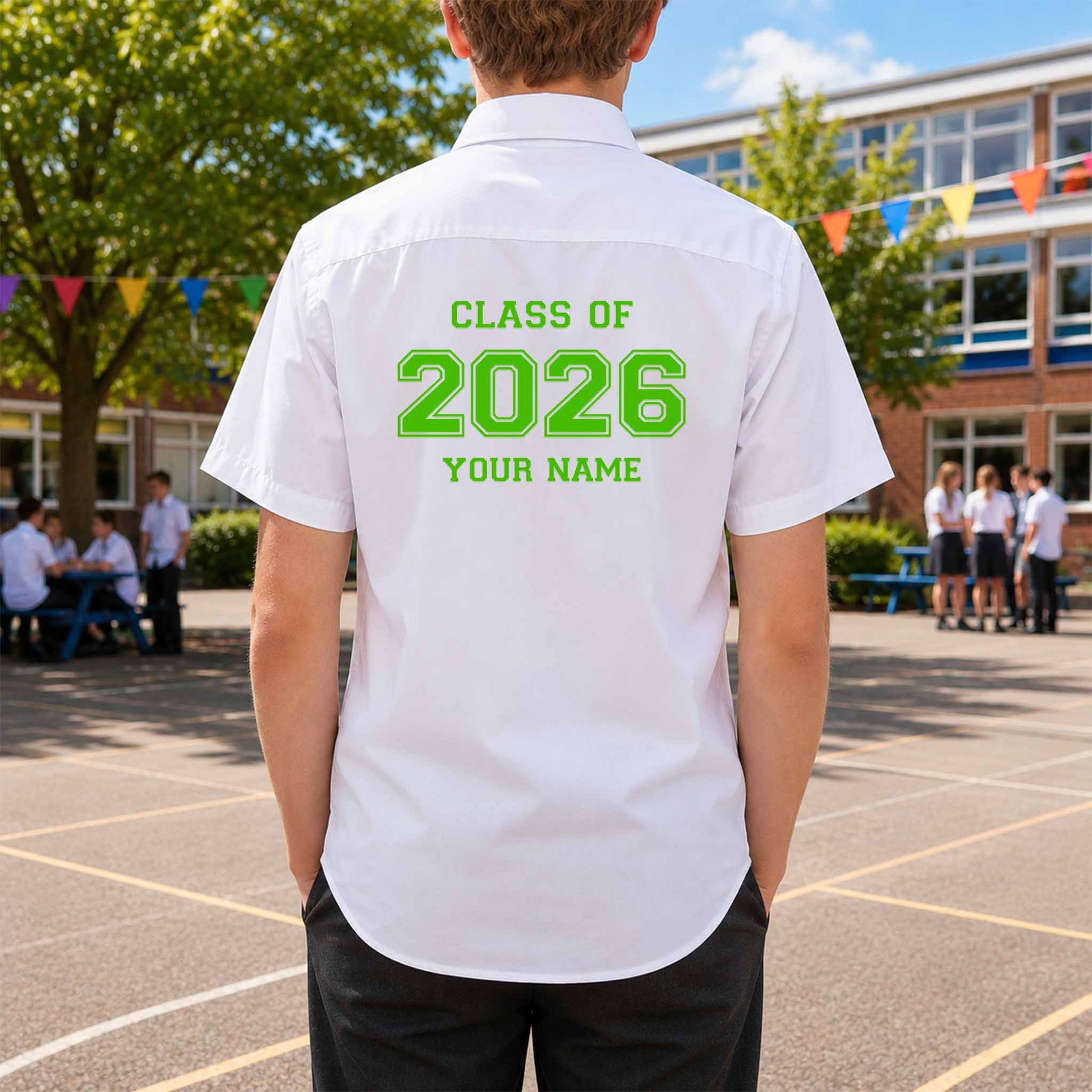 School leavers shirt with custom iron-on "Class of 2026" design in yellow green on the back.