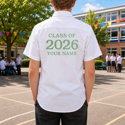 School leavers shirt with custom iron-on "Class of 2026" design in neon green glitter on the back.