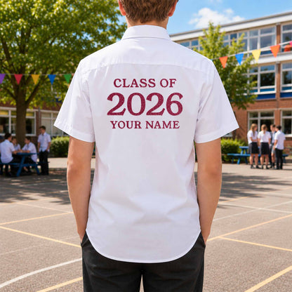 School leavers shirt with custom iron-on "Class of 2026" design in pink glitter on the back.