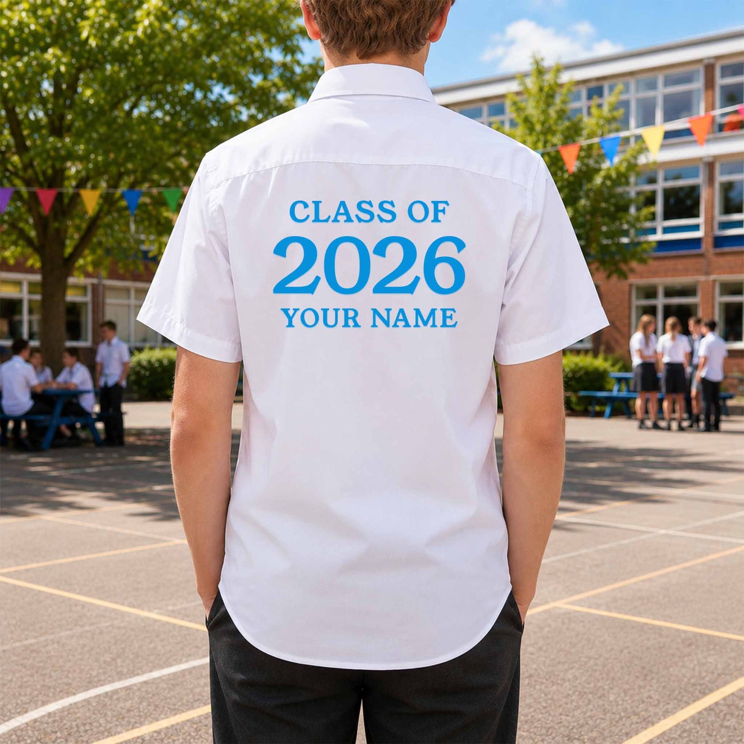 School leavers shirt with custom iron-on "Class of 2026" design in light blue on the back.