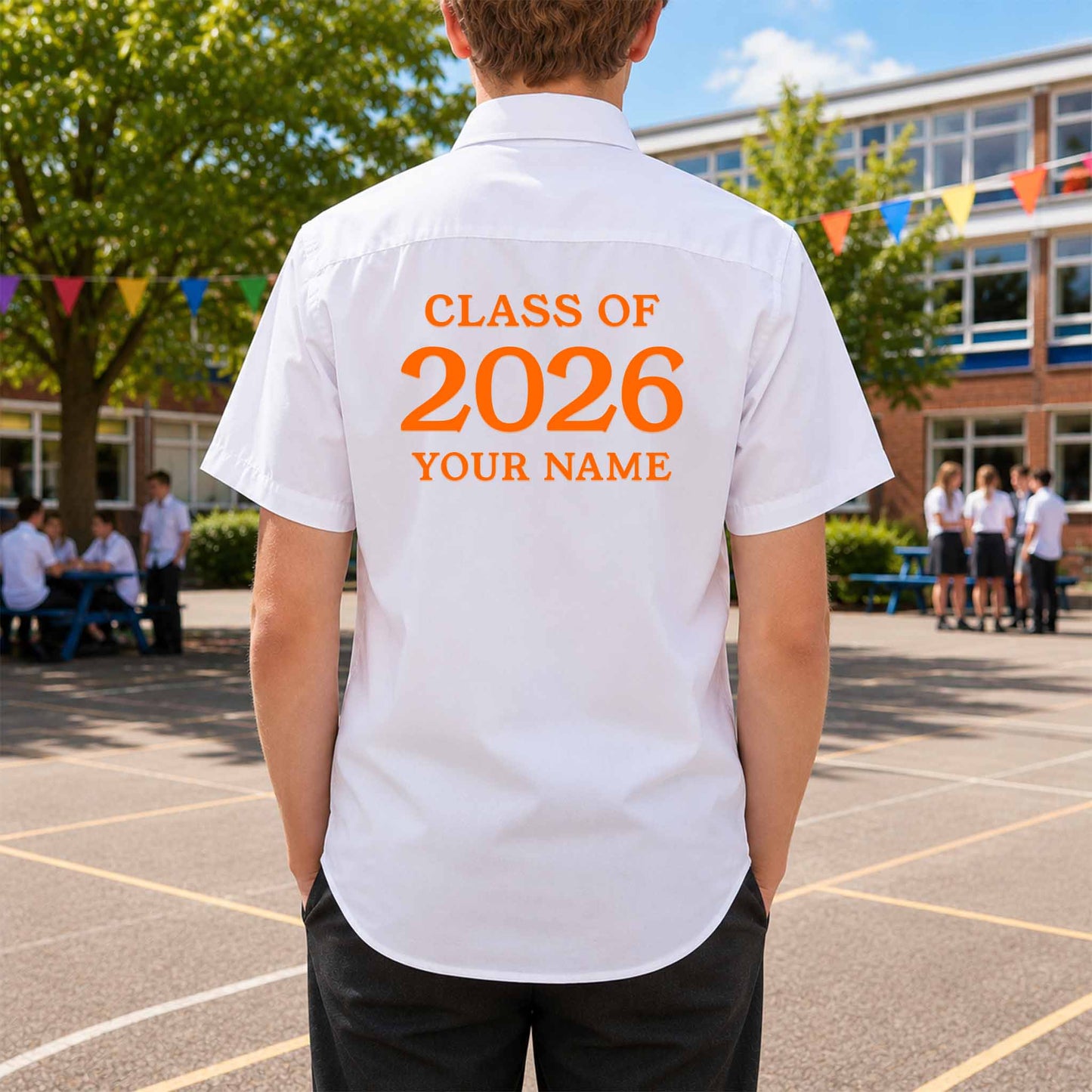 School leavers shirt with custom iron-on "Class of 2026" design in light orange on the back.