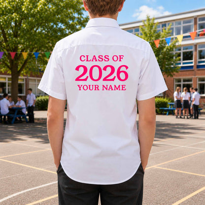 School leavers shirt with custom iron-on "Class of 2026" design in pink on the back.