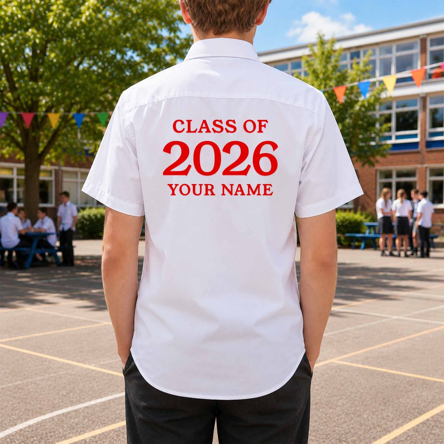 School leavers shirt with custom iron-on "Class of 2026" design in red on the back.