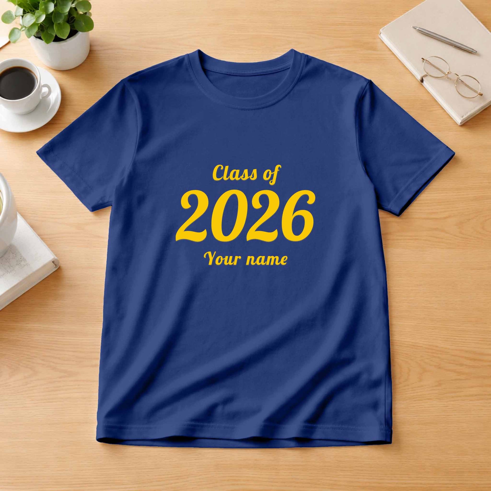 School leavers shirt with custom iron-on "Class of 2026" design in light yellow on the front.