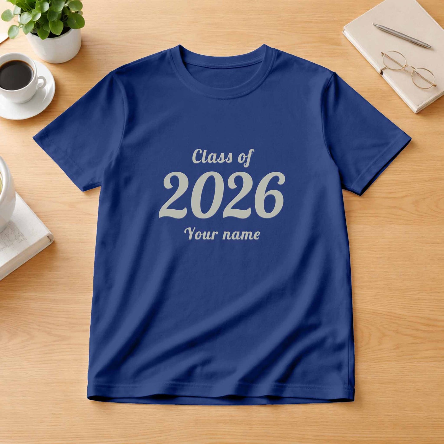 School leavers shirt with custom iron-on "Class of 2026" design in middle grey on the front.
