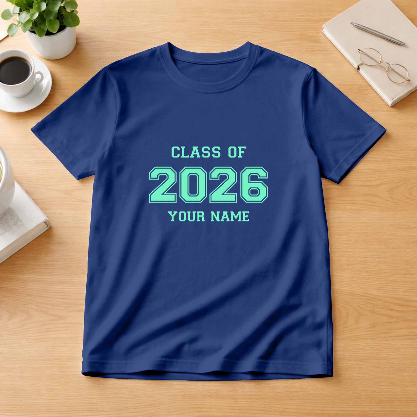 School leavers shirt with custom iron-on "Class of 2026" design in mint on the front.