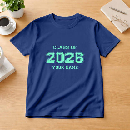 School leavers shirt with custom iron-on "Class of 2026" design in mint on the front.