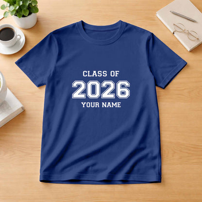 School leavers shirt with custom iron-on "Class of 2026" design in white on the front.