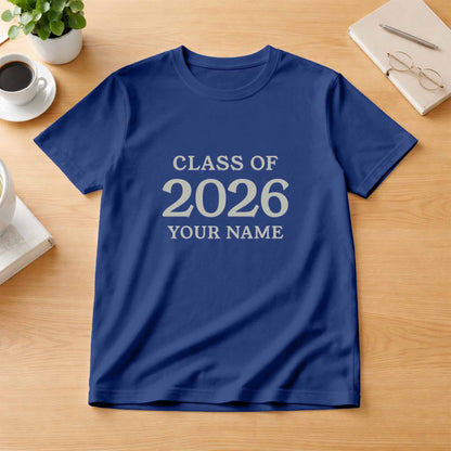 School leavers shirt with custom iron-on "Class of 2026" design in middle grey on the front.