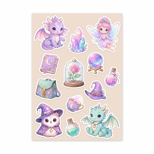 Sticker sheet with fantasy-themed illustrations including dragons, fairies, and magical creatures on a beige background.