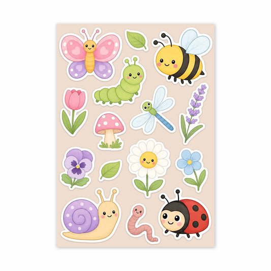 Sticker sheet with cartoon insects, flowers, and plants on a beige background