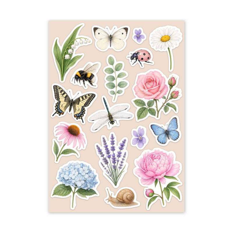 Sticker sheet with floral and insect designs on a beige background
