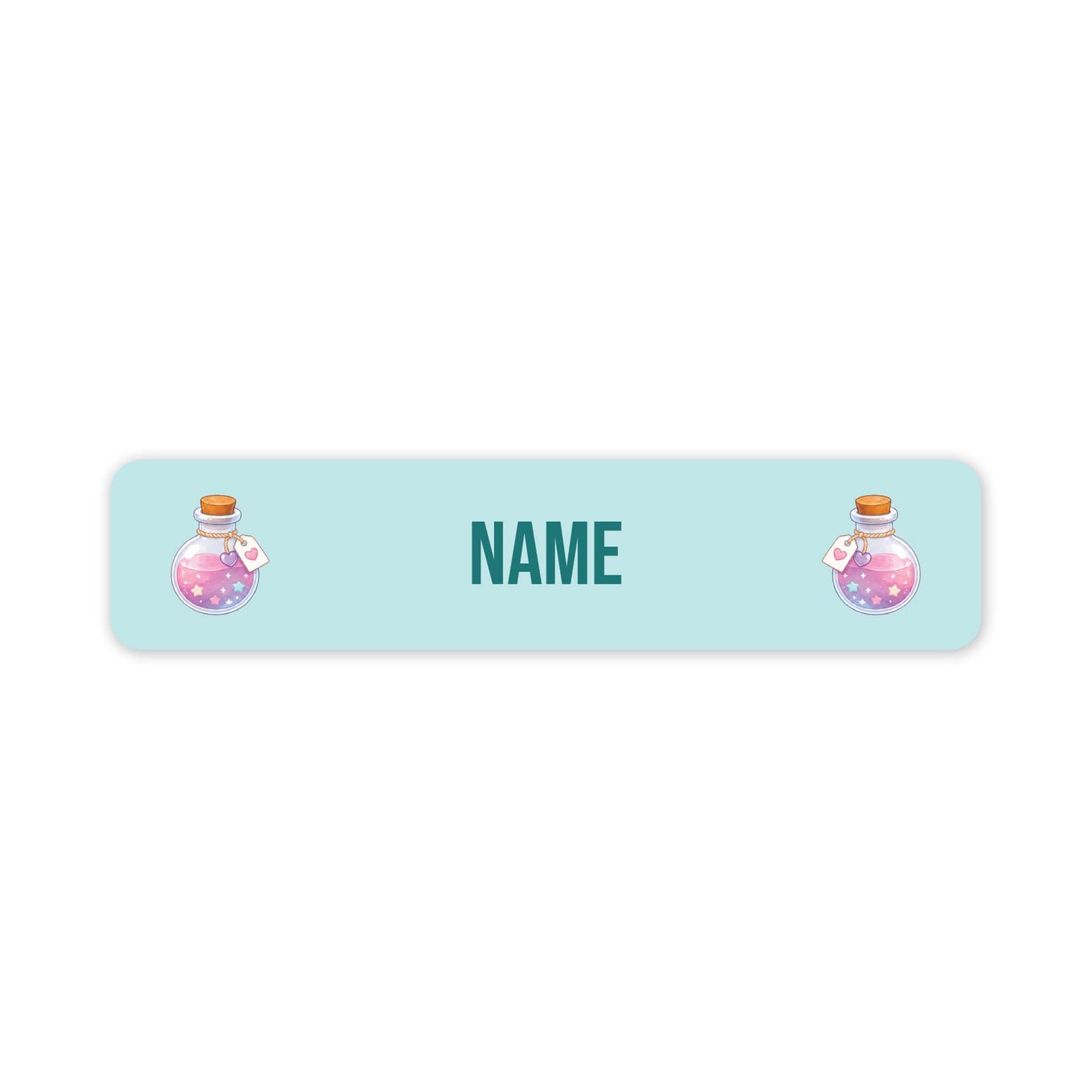 A personalised rectangular label with rounded corners, featuring a light blue background, the word 'NAME' in the centre and two cartoon potion bottles on the left and right sides.