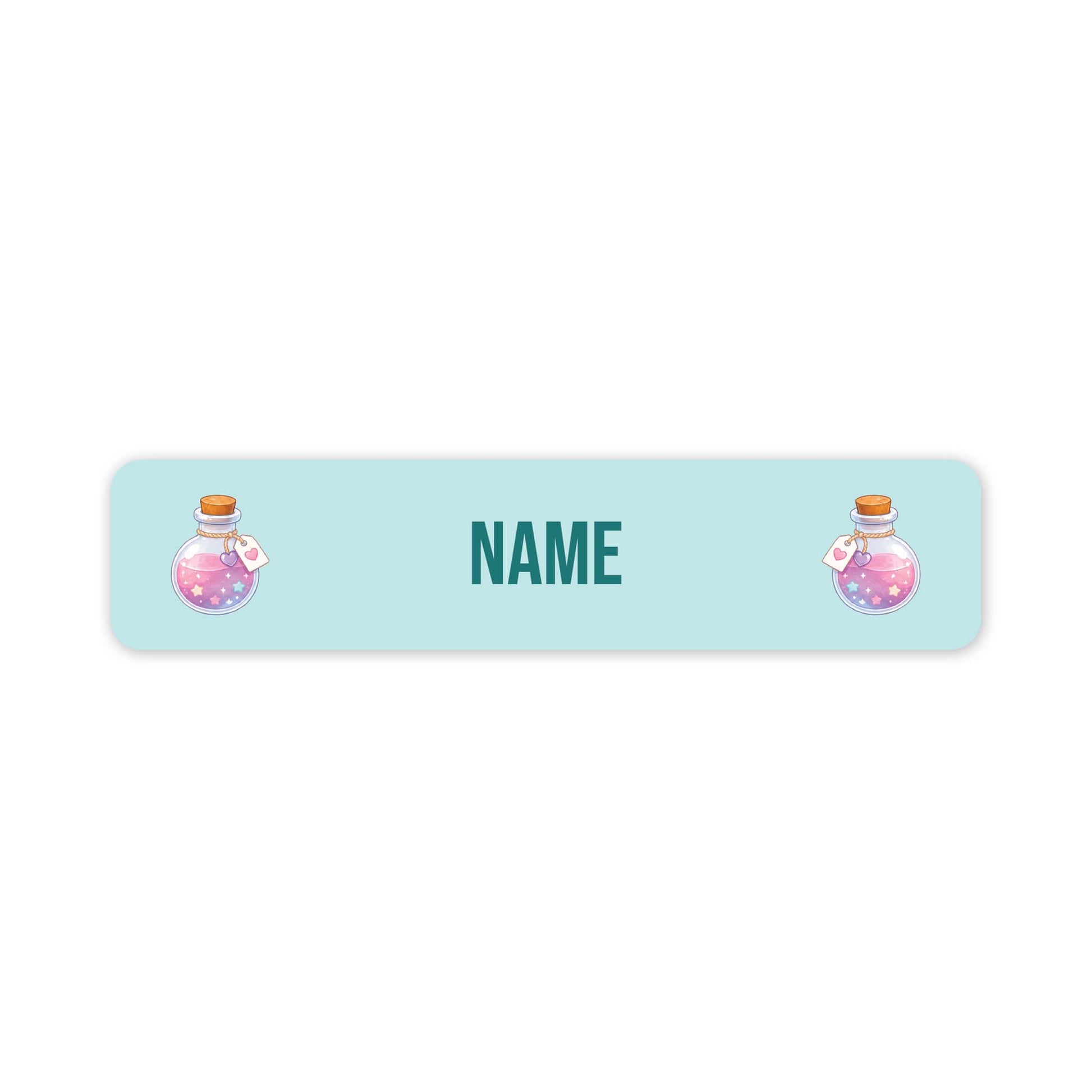 A personalised rectangular label with rounded corners, featuring a light blue background, the word 'NAME' in the centre and two cartoon potion bottles on the left and right sides.