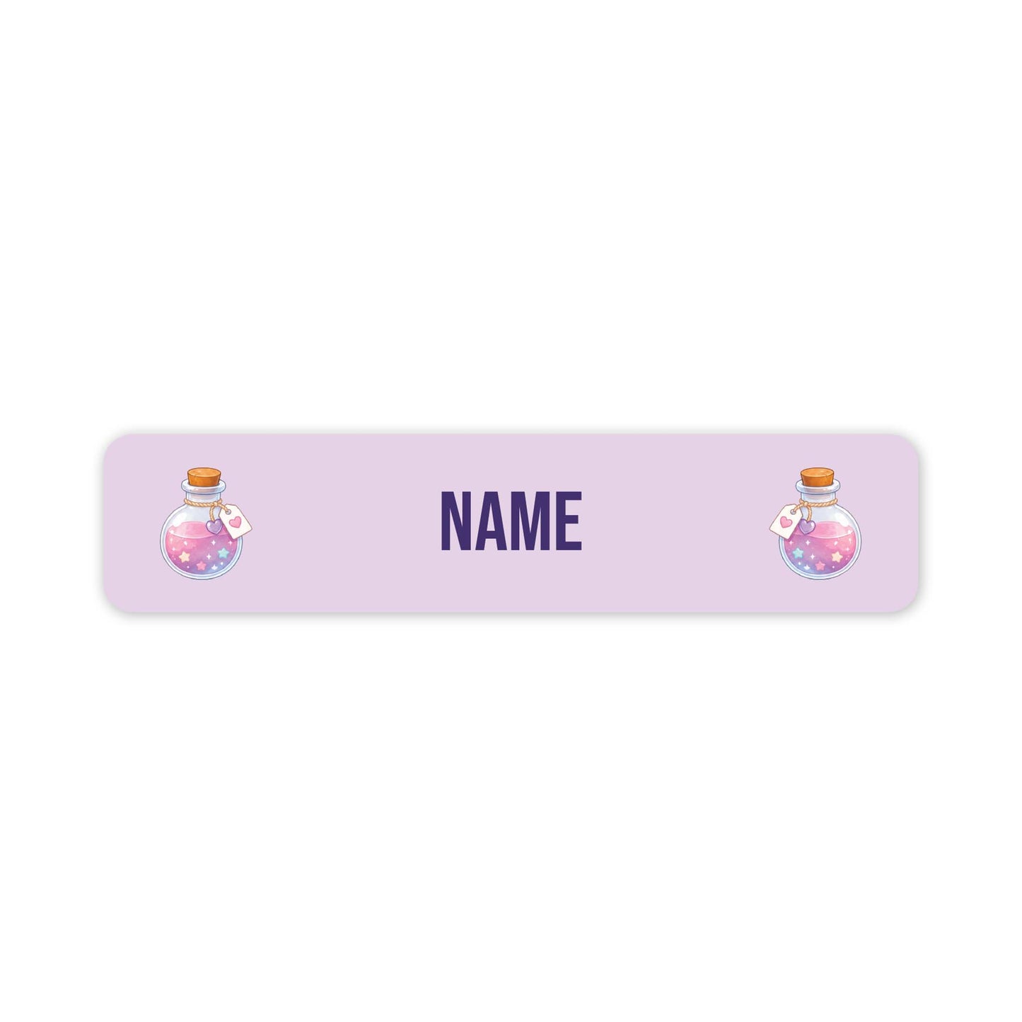 A personalised rectangular label with rounded corners, featuring a light lavender background, the word 'NAME' in dark purple text in the centre, and two cartoon potion bottles on the left and right sides.